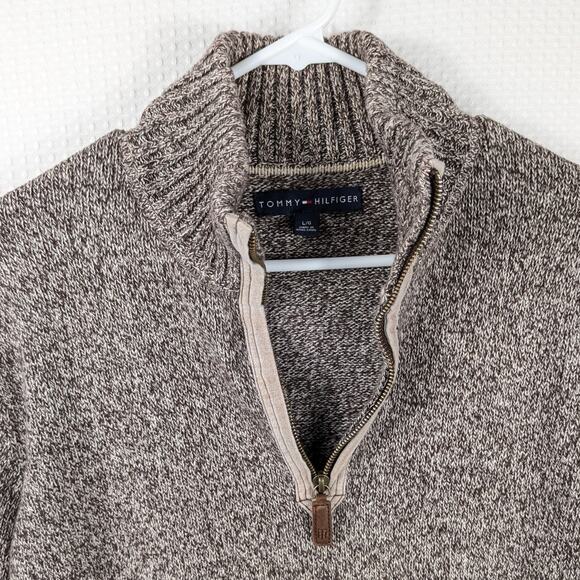 Tommy Hilfiger Sweater Large Brown Marled 1/4 Zip Made in Hong Kong Cotton Knit - Picture 4 of 5